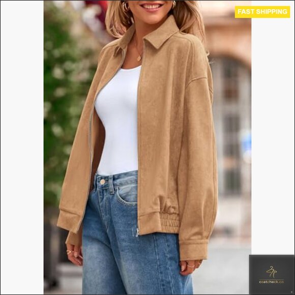 Oversized Faux Suede Bomber Jacket Women's Casual Zip Up Outerwear - Picture 3 of 7